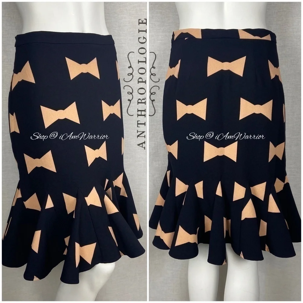 Anthropologie {Eva Franco} navy & blush pink bow tie print flounce skirt